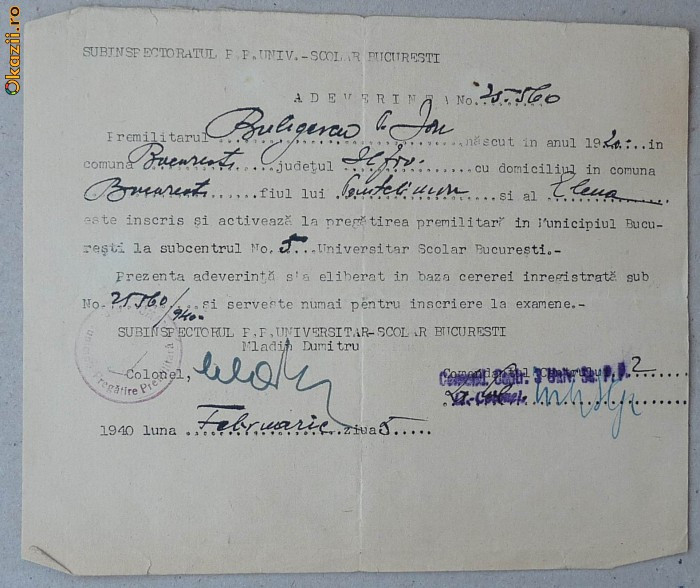 Adeverinta pregatire premilitar , pentru inscriere la examen facultate , 1940