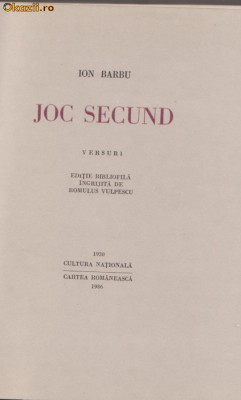 Ion Barbu / JOC SECUND (editie bibliofila,1986) foto