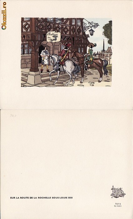 Desen in penita si acuarela-Gravura muschetari-Franta-rara,editata manual