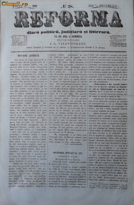 Reforma , ziar politicu , juditiaru si litteraru , an 1, nr. 28 , 1859