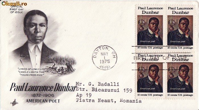 FDC SUA -Poetul Paul Dunbar FDC SUA -Poetul Paul Dunbar