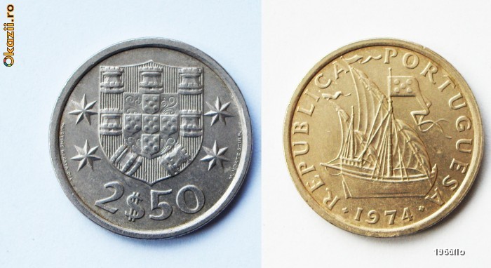 PORTUGALIA 2 - 1/2 ESCUDOS ( 2$50 ) 1974 XF ** PORTUGALIA 2 - 1/2 ESCUDOS ( 2$50 ) 1974 XF **