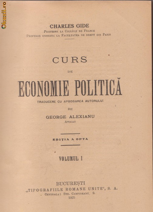 Charles Gide / Curs de Economie Politica (2 volume,1925)