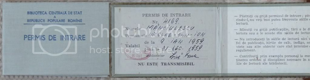 Wrongdoing Brighten passport Biblioteca Centrala de Stat , Permis de intrare , 1959, Documente |  Okazii.ro