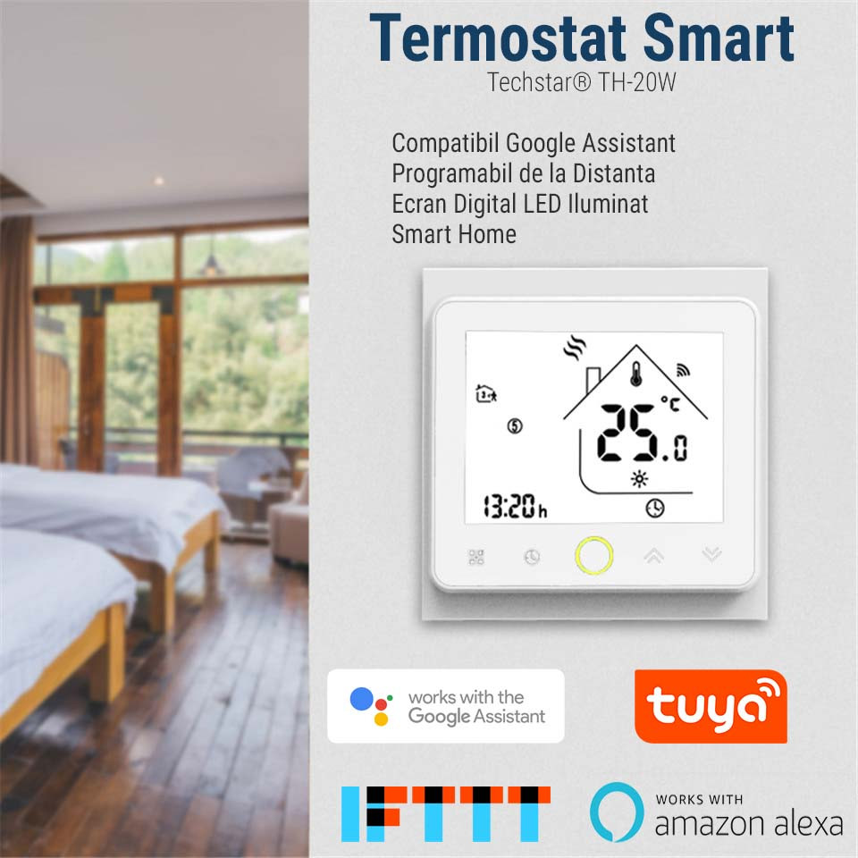 Termostat Techstar® Smart TH-20W, Wireless, 16A, 3500W, Google Home, Alexa,  Tuya, Senzor Pardoseala, Ecran LED, Negru | Okazii.ro
