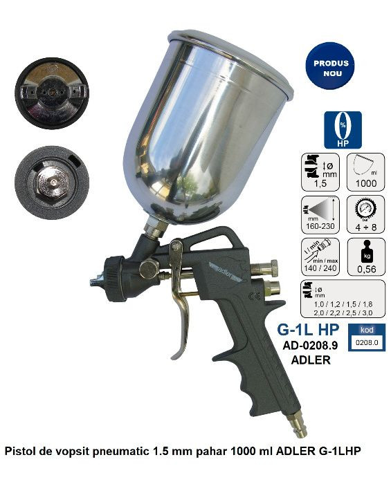 Pistol de vopsit pneumatic 1.5 mm pahar 1000 ml ADLER G-1LHP AD-0208.9 Radauti - imagine 2