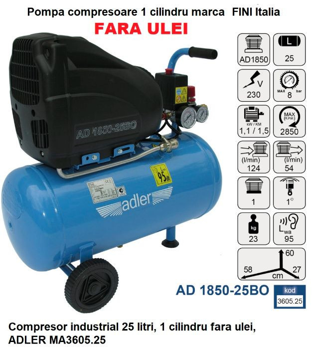 Compresor industrial 25 litri, 1 cilindru fara ulei, ADLER MA3605.25 Radauti - imagine 1