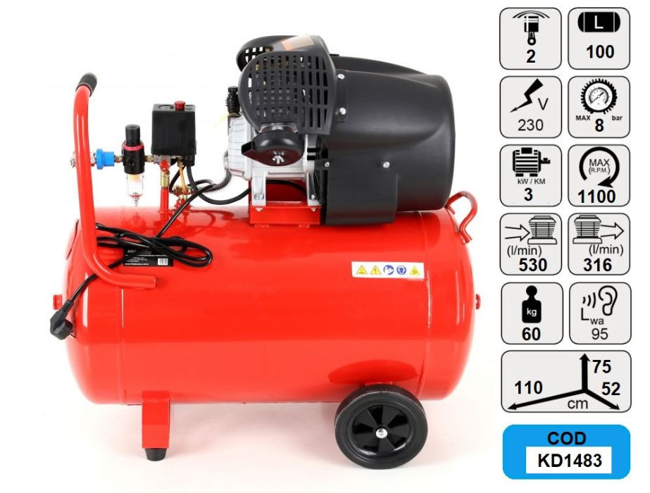 Compresor de aer industrial 100litri, 2 cilindri, 3kW, 220V KD1483 Radauti - imagine 8