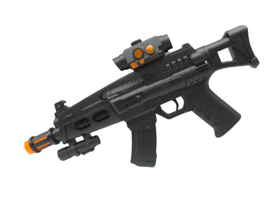 Pistol mitraliera MP15 A , cu muzica si lumini, Plastic,6 ani +,Negru