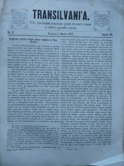 Transilvania , Foaia Asociatiunii transilvane , Brasov , nr. 5 , 1870