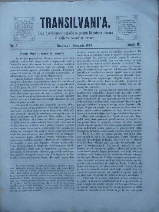 Transilvania , Foaia Asociatiunii transilvane , Brasov , nr. 3 , 1870