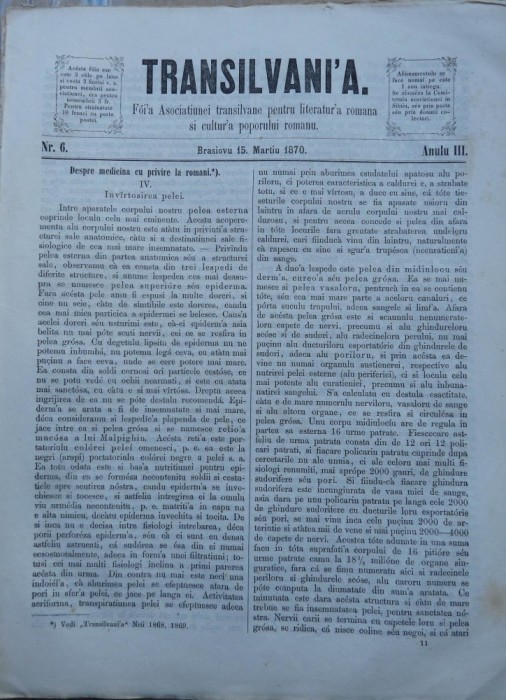 Transilvania , Foaia Asociatiunii transilvane , Brasov , nr. 6 , 1870