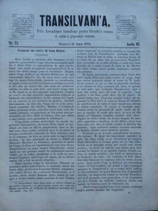 Transilvania , Foaia Asociatiunii transilvane , Brasov , nr. 12 , 1870