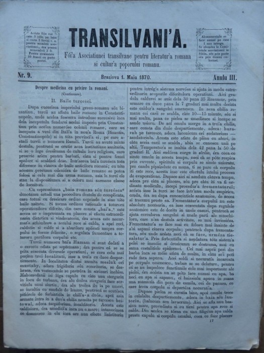 Transilvania , Foaia Asociatiunii transilvane , Brasov , nr. 9 , 1870