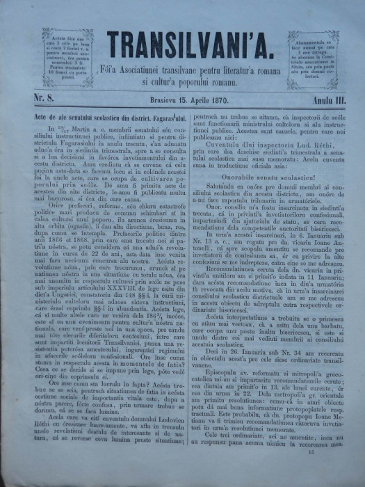 Transilvania , Foaia Asociatiunii transilvane , Brasov , nr. 8 , 1870