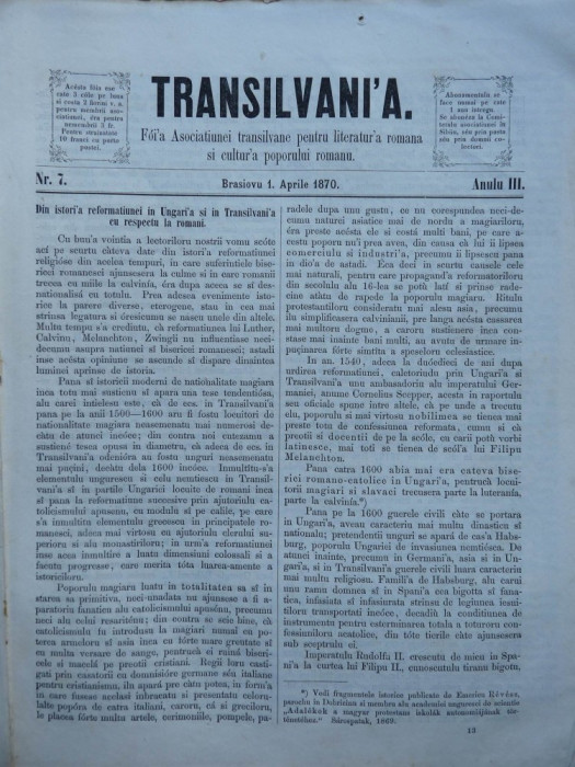 Transilvania , Foaia Asociatiunii transilvane , Brasov , nr. 7 , 1870