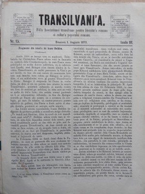 Transilvania , Foaia Asociatiunii transilvane , Brasov , nr. 15 , 1870 foto