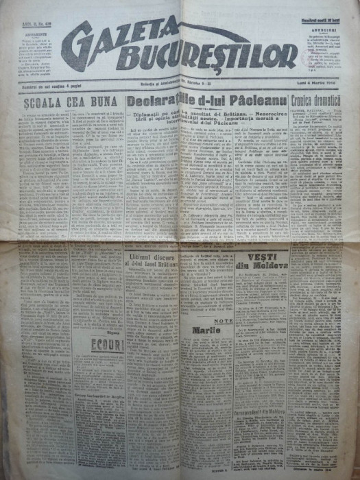 Gazeta Bucurestilor , 4 martie 1918 , ziar tiparit sub ocupatia Capitalei