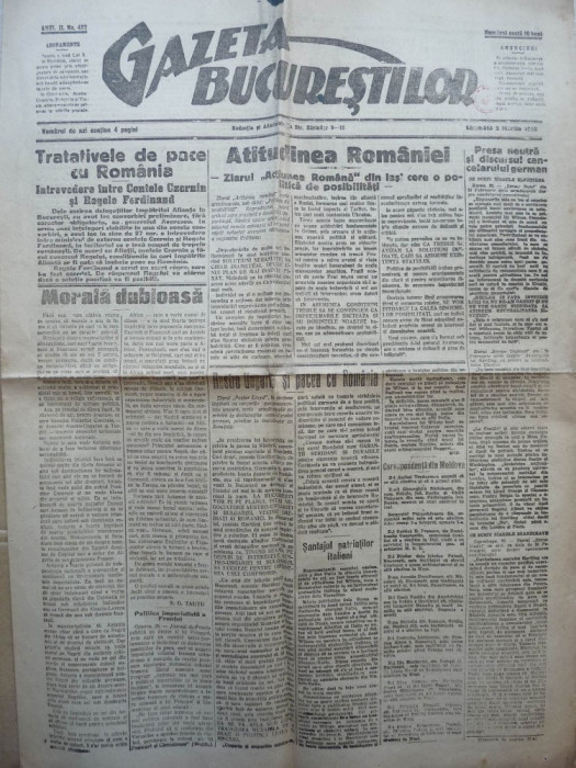 Gazeta Bucurestilor , 2 martie 1918 , ziar tiparit sub ocupatia Capitalei