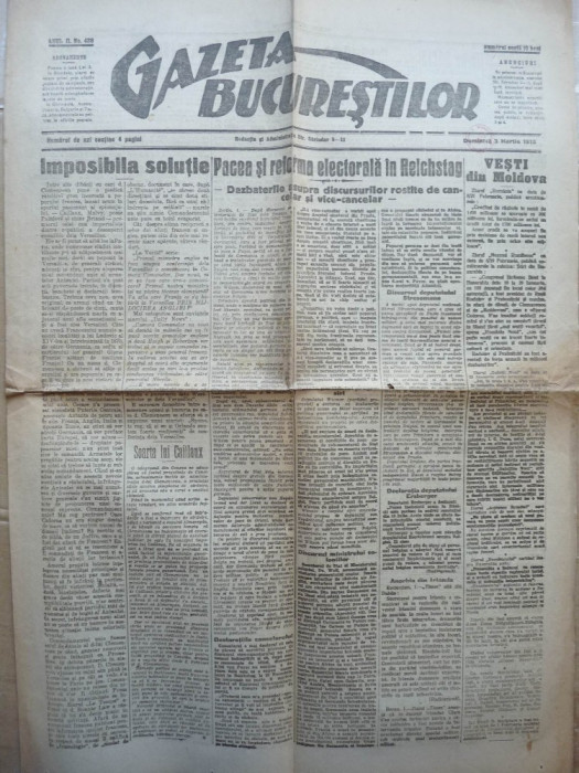 Gazeta Bucurestilor , 3 martie 1918 , ziar tiparit sub ocupatia Capitalei
