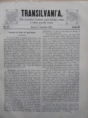 Transilvania , Foaia Asociatiunii transilvane , Brasov , nr. 17 , 1870 foto