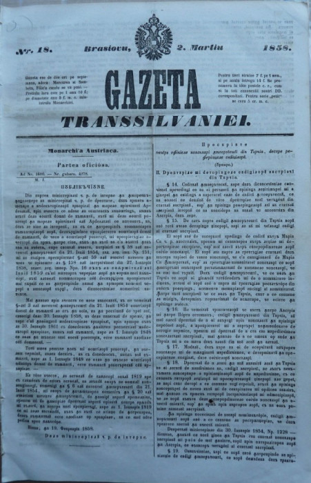 Gazeta Transilvaniei , Brasov , nr. 18 , 1858