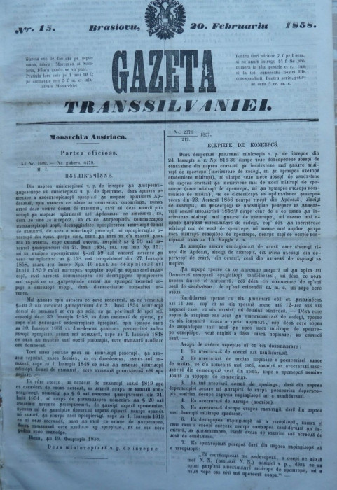 Gazeta Transilvaniei , Brasov , nr. 15 , 1858