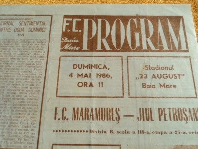 Program fotbal FC Maramures - Jiul Petrosani 04.05.1986 foto