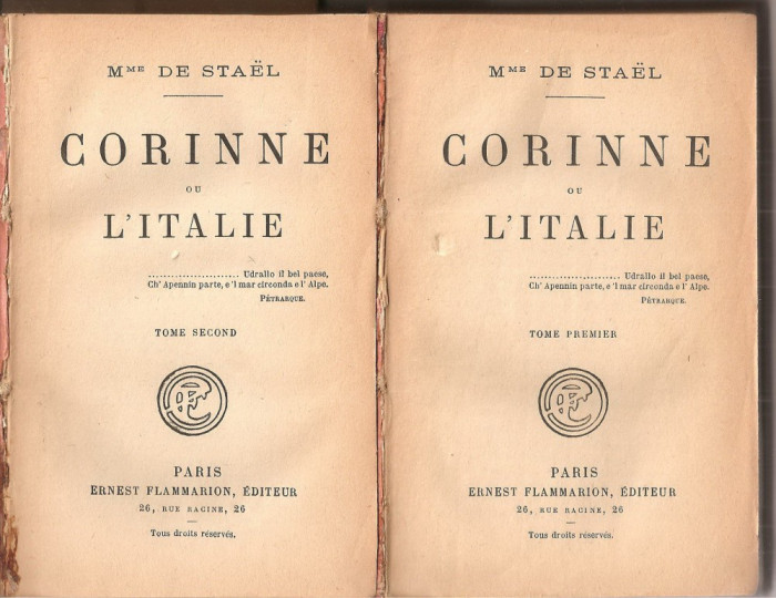 (C1331) CORINNE OU L&#039; ITALIE DE MME DE STAEL, ERNEST FLAMMARION, EDITEUR, PARIS, 2 VOLUME