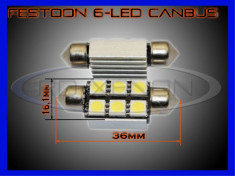 BEC AUTO LED LEDURI - SOFIT FESTOON C5W 36 mm - 6 SMD CANBUS FARA EROARE - ILUMINARE PLAFONIERA, NUMAR - CULOARE ALB XENON 6000K foto