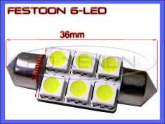 BEC AUTO LED LEDURI - SOFIT FESTOON C5W - 36 mm 6 SMD - ILUMINARE PLAFONIERA, NUMAR - CULOARE ALB XENON 6000K foto