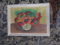 Vechi tablou,pictura in ulei pe carton,,Vas cu flori&amp;#039;&amp;#039; semnat foto
