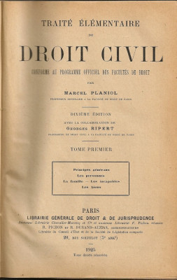 Marcel Planiol - Trataite elementaire de Droit Civil ( vol. I ) - 1925 foto