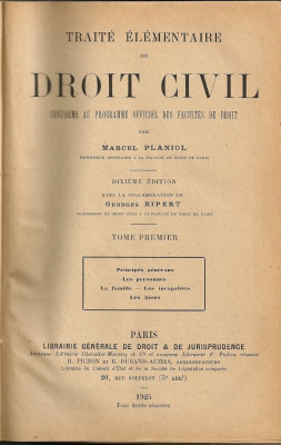 Marcel Planiol - Trataite elementaire de Droit Civil ( vol. I ) - 1925 foto
