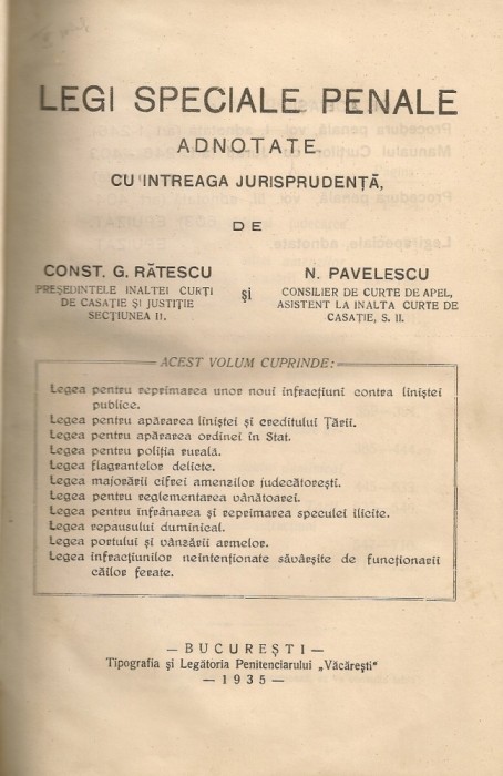 Const. G. Ratescu / N. Pavelescu - Legi speciale penale ( adnotate cu intreaga jurisprudenta ) - 1935