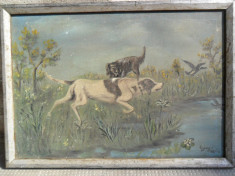 Scena de vanatoare cu caini, tablou 70 x 50 cm , pictura in ulei foto