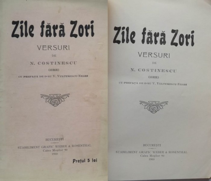 N. Costinescu , Zile fara zori , Versuri , 1910 , editia 1