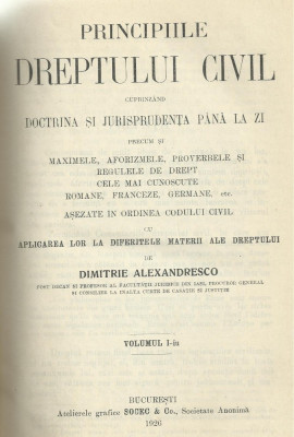 D.Alexandresco / PRINCIPIILE DREPTULUI CIVIL ROMAN - vol.I,editie 1926 foto