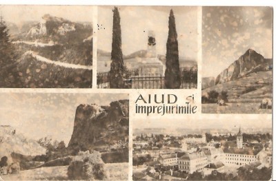 CPI (B825) AIUD SI IMPREJURIMILE - MOZAIC 5 PIESE ( PEISAJ LA BAITA, VALEA AIUDULUI, MONUMENTUL DE LA MIRASLAU, ..., ILUSTRATA CIRCULATA, STAMPILE foto