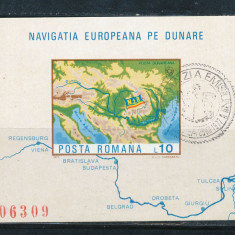 1977 ROMANIA colita nedantelata Navigatia Europeana pe Dunare stampila Prima Zi