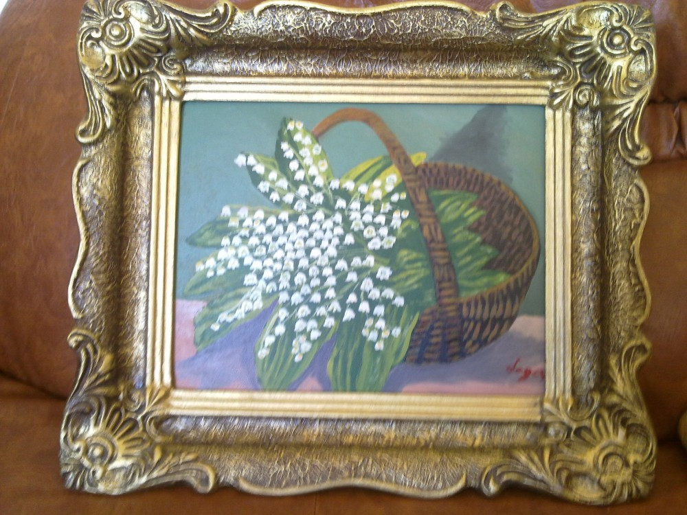 Tablou - Cos cu Lacramioare 2 - pictura ulei, Flori, Realism | Okazii.ro