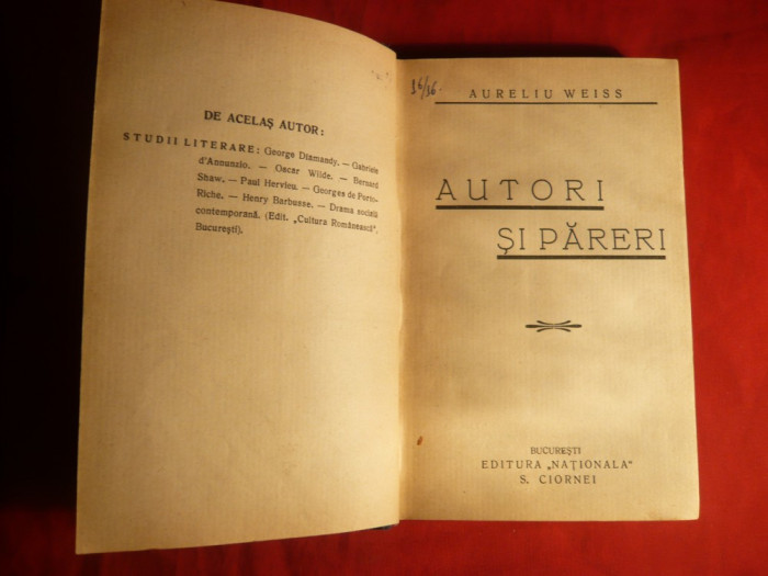 Aureliu Weiss - Autori si Pareri -Prima Ed. 1929