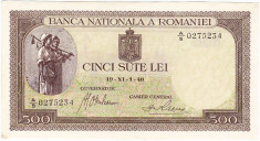 Bancnota 500 lei 19 XI 1940,a.UNC/UNC. filigran ORIZONTAL (din teanc cu serii continue) foto