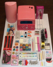 MEGA KIT UNGHII FALSE CU GEL - SET MANICHIURA CU GEL - LAMPA 36W, PILA ELECTRICA, 2 geluri uv, 12 geluri colorate, 12 vopsele acrilice,500 tipsuri foto