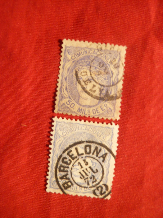 Set 2 Timbre 50 mil.1870 albastru si ultramarin Spania , stamp.