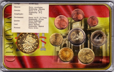 Spania 8 monede euro in cutie cu certificat+ medalie Madrid-Puerta de Alcala foto