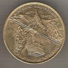 C543 Medalie Chamonix Mont-Blanc (teleferic-tunuri incrucisate)-Franta-Arthus-Bertrand-Edition 2007 -marime 33 mm, gr.aprox.15 gr.-starea care se vede