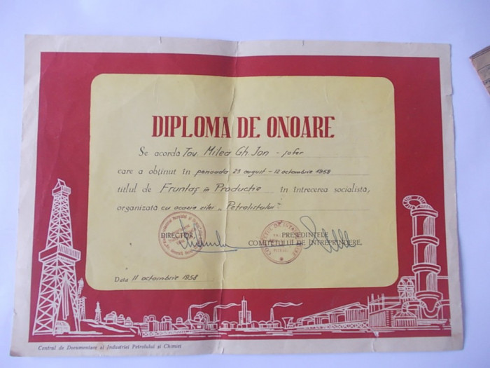 DIPLOMA DE ONOARE VECHE ANUL 1959 , ACORDATA CU OCAZIA ZILEI PETROLISTULUI .