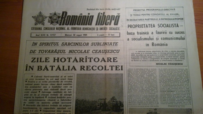 ziarul romania libera 30 august 1989 (zile hotaratoare in batalia recoltei )