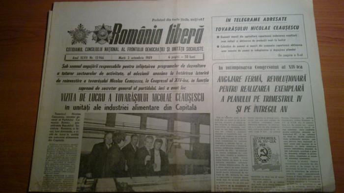 ziarul romania libera 3 octombrie 1989-vizita lui ceausescu in capitala